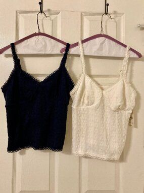 Excellent Condition, SZ M (8-10) TWO Stretch Lace Tank Tops, Navy & Ivory
